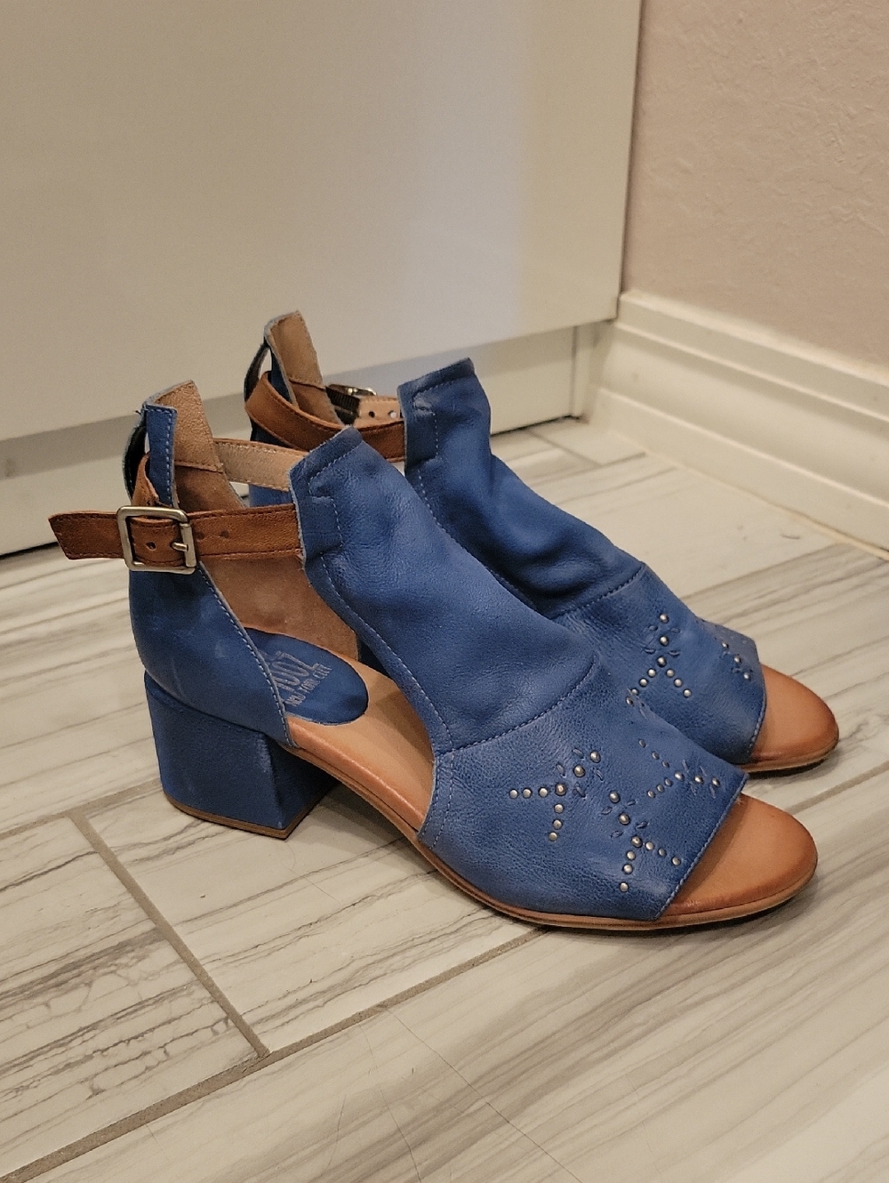 Miz Mooz Blue Open-Toe Block Heel Sandals with Ankle Strap and Stud Detail